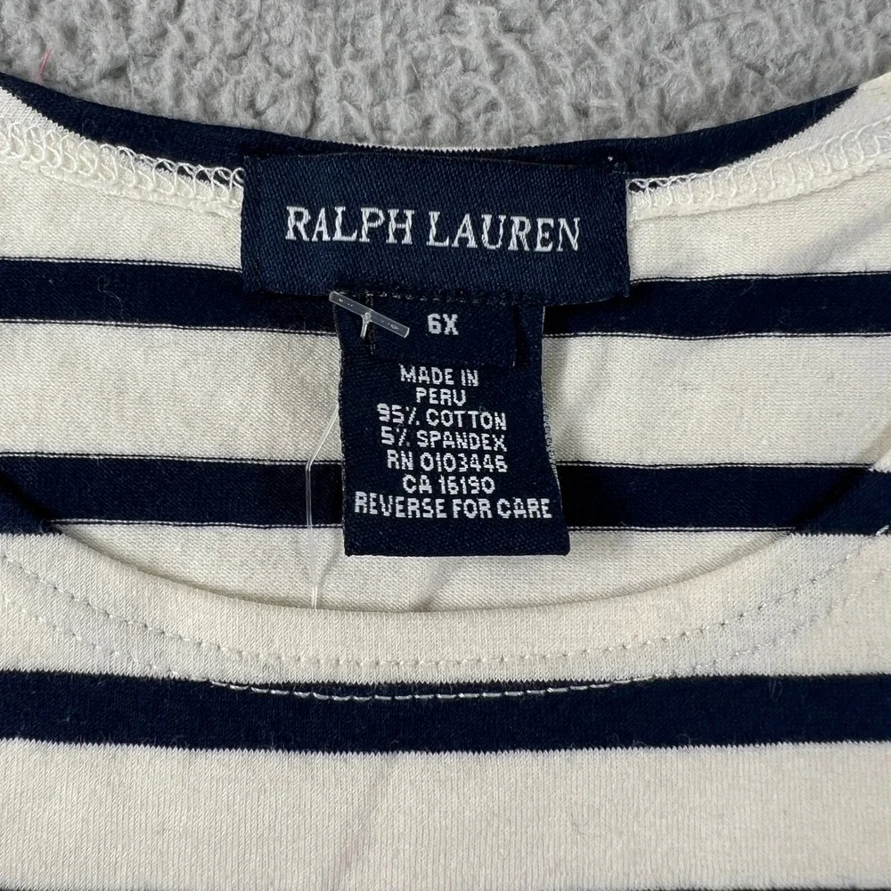 Ralph Lauren Striped T-Shirt Girls Size 6X Navy White Pink Pony Lettuce Trim NWT